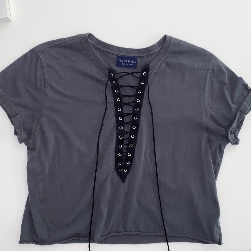 Mixology Navy/Grey Lace Up V Neck Short Sleeve